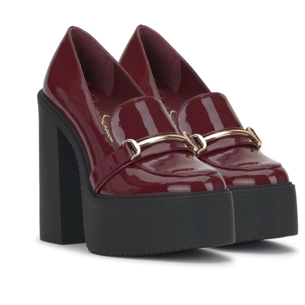 Jessica Simpson Red and Black Platform Loafers with Gold Detail